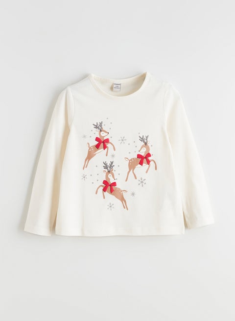 تيشيرت بناتي بطابع رأس السنة برقبة دائرية